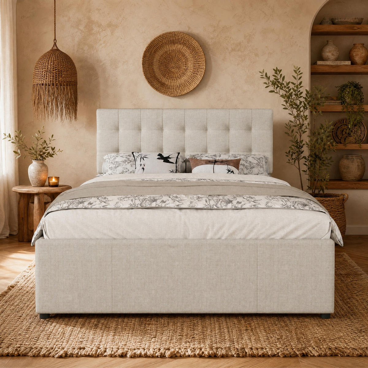POLSTERBETT 140/200 mit Ausziehbett, 3 Schubladen, höhenverstellbarem Kopfteil aus Holz in Beige - Beige, Holzwerkstoff/Textil (140/200cm) - EVRYAE