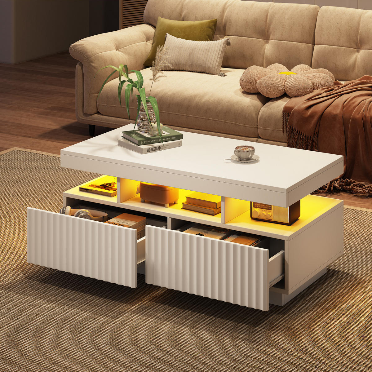 COUCHTISCH LED Weiß 2 Schubladen 100x50x45cm Vakuum Teetisch - Weiß, Holzwerkstoff (100/50/45cm) - FLIEKS