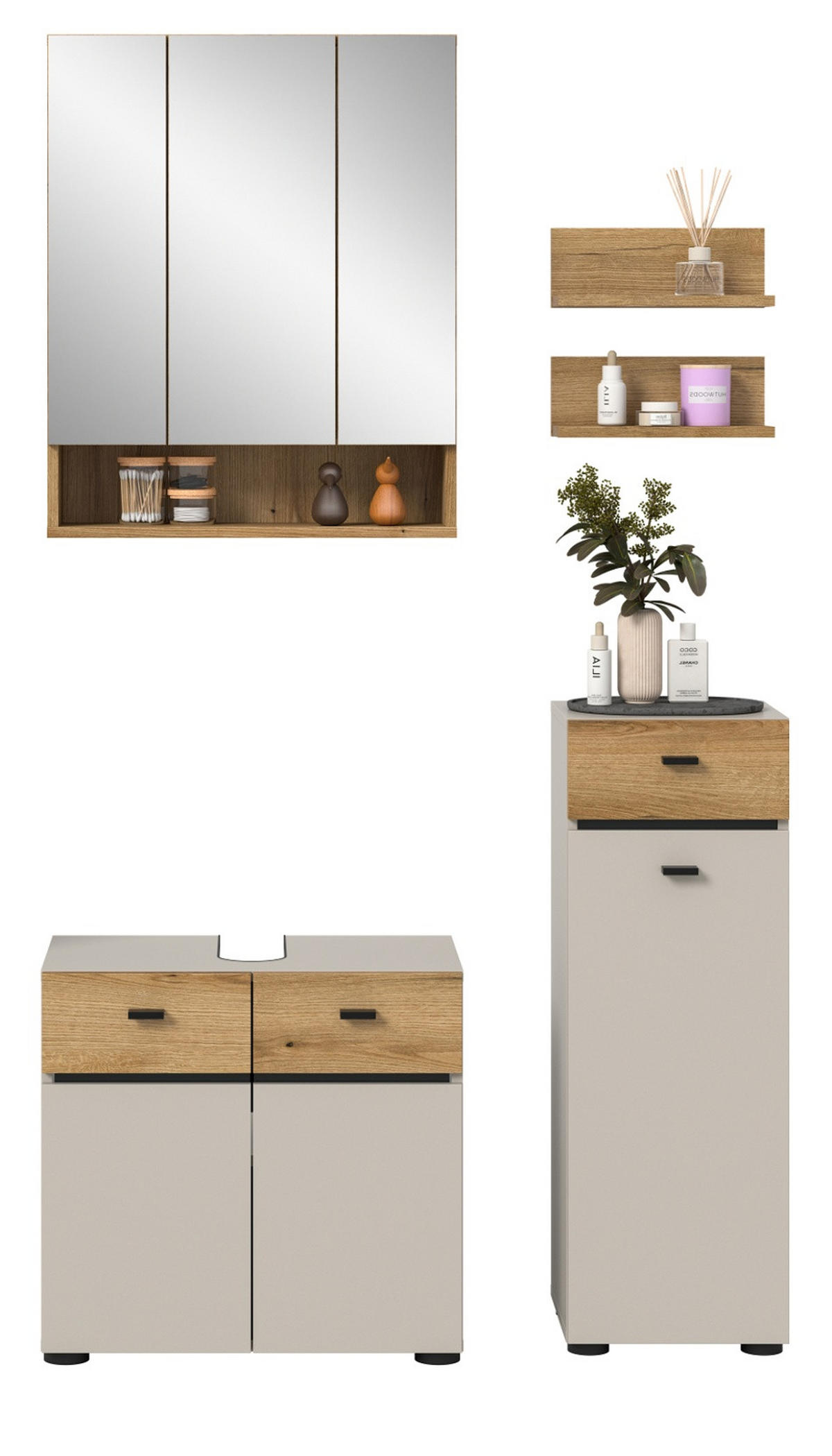 BADMÖBEL-SET Kaschmir, Evoke Eiche 5-teilig 107 cm, Komplettset in modernem Design - Kaschmir/Eichefarben, Glas/Holzwerkstoff (107/191/35cm) - Inn.Furn