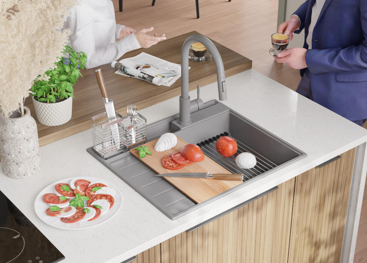 SPÜLBECKEN Sydney Pocket, 2-er set Grau 62/53 cm 1 Becken + Ablauf-Set + Küchenzubehörset ab 45er Unterschrank - Chromfarben/Beige, Kunststoff (62/20/53cm) - Primagran