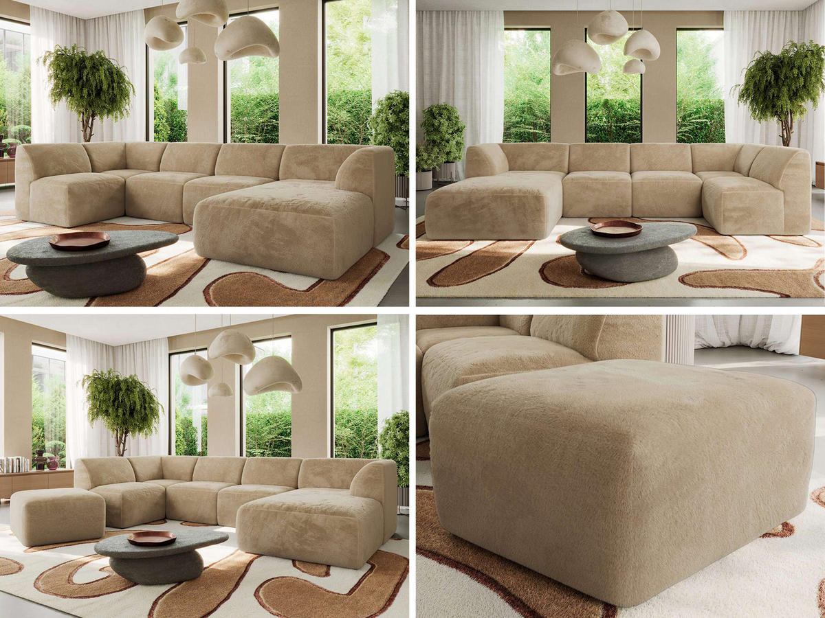 WOHNLANDSCHAFT MODARO U 6M - Beige Plüsch - Rechts - Beige/Schwarz, Textil (345/78/180cm) - MKS
