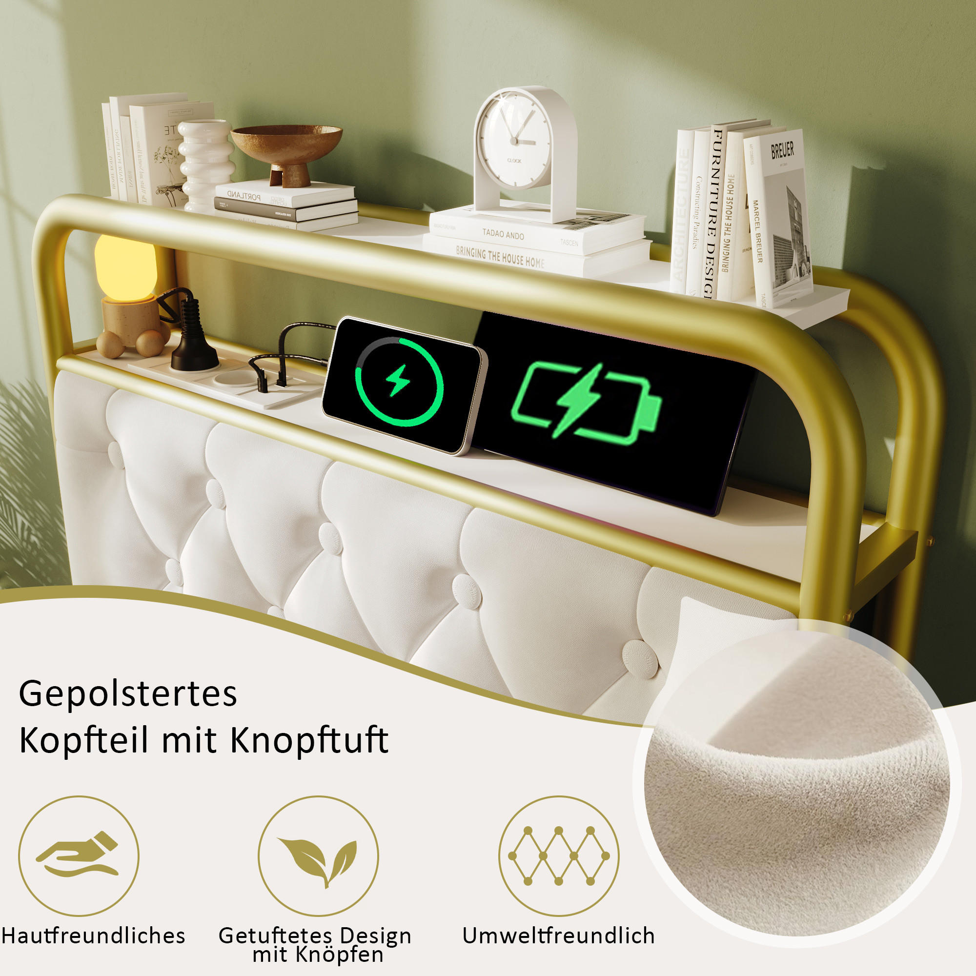 POLSTERBETT 90/200 cm DE-01052, in Weiß, mit LED-App, 2 Schubladen und Matratze - Weiß, Metall (90/200cm) - ComfortXL