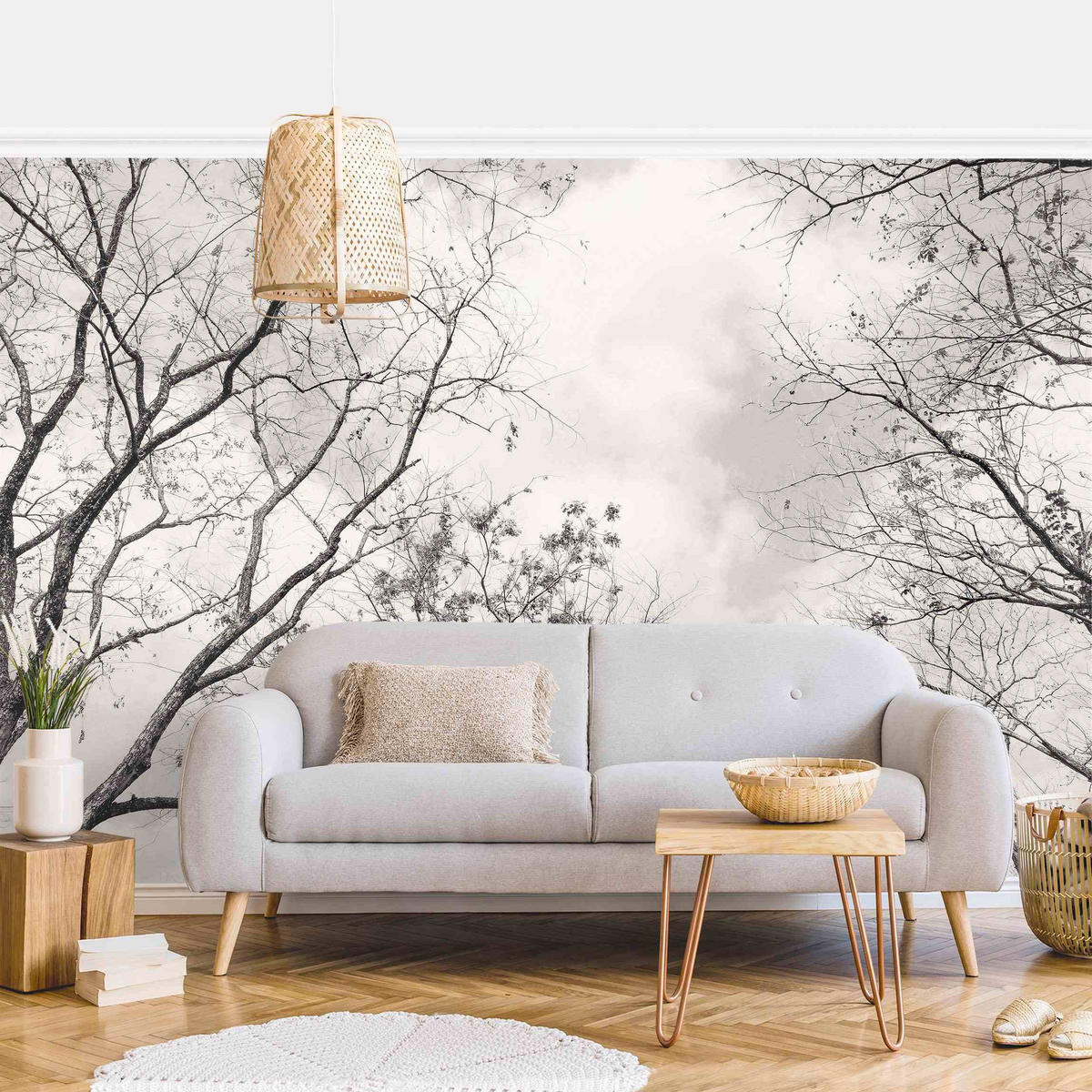 FOTOTAPETE Baumkronen im Himmel in Warmgrau 336/225 cm - Grau, Papier (336/225cm) - Bilderwelten