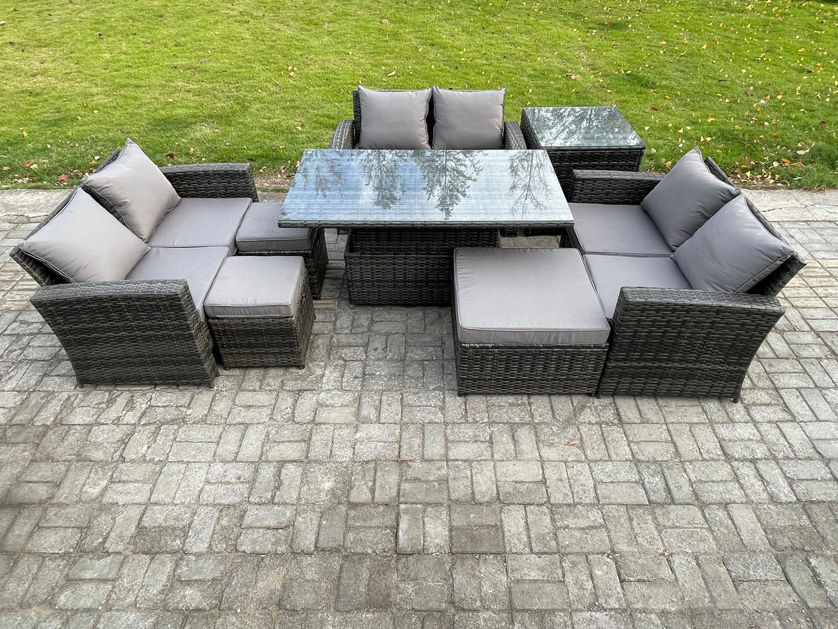 GARTENSET Polyrattan Dunkelgrau 9-Sitzer - Dunkelgrau, Metall - Fimous