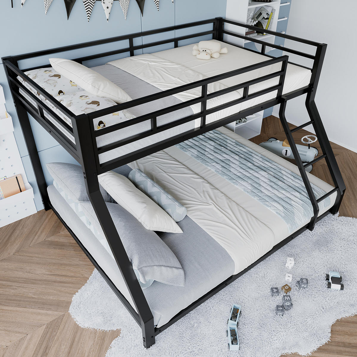 ETAGENBETT 90x200 / 140x200 cm in Schwarz mit Treppe und Sicherheitsgeländer - Schwarz, Metall (90/200cm) - IVMEU