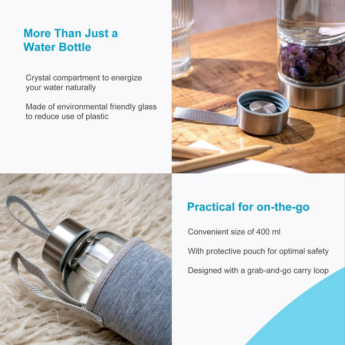 WASSERFLASCHE mit Heilsteinen und Tasche 400ml - Lila, Glas (0.4L) - Intirilife