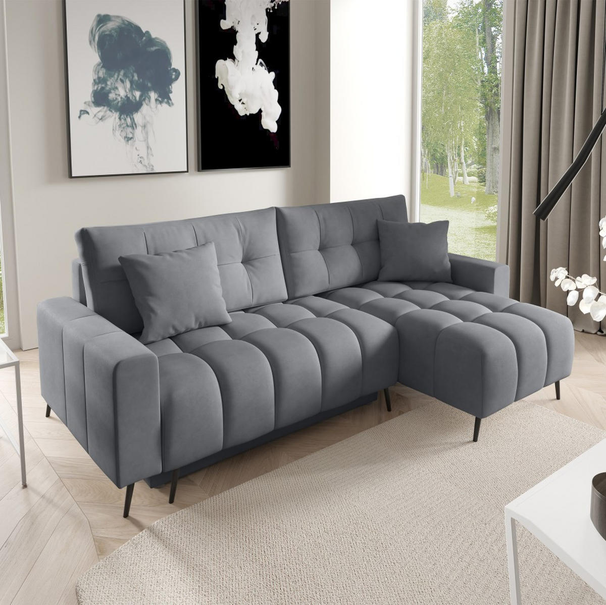 ECKSCHLAFSOFA Denver im Veloursstoff, Hellgrau - Hellgrau/Schwarz, Textil (232/148cm) - Beautysofa