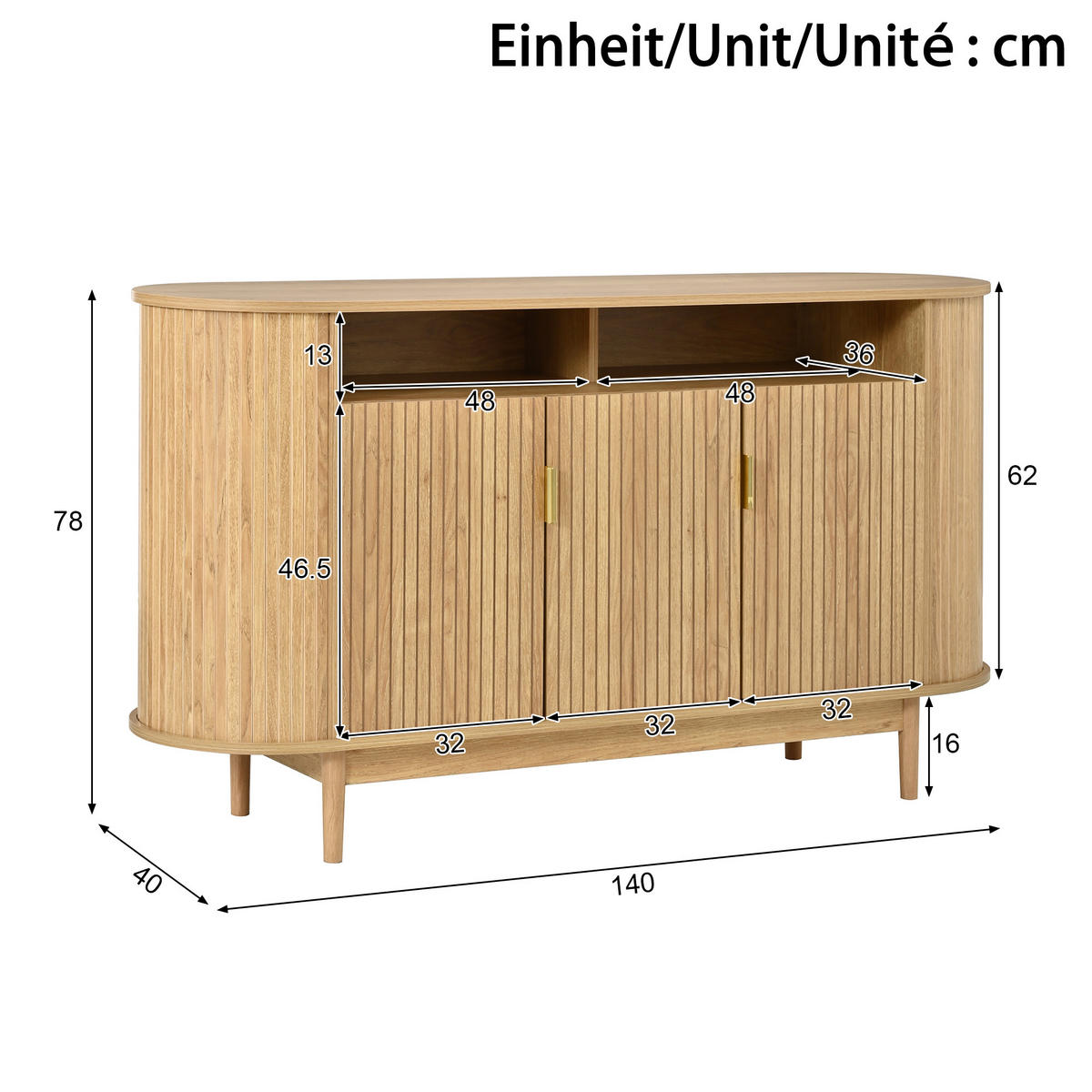 SIDEBOARD 3 Türen mit Holzoptik und Rillenfront - Naturfarben, Holzwerkstoff (140/78/40cm) - FLIEKS
