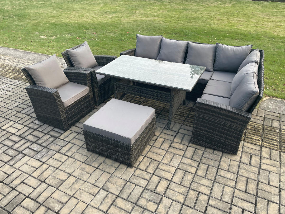 LOUNGEGARNITUR mit Esstisch Sofa Polyrattan Dunkelgrau 9-Sitzer - Dunkelgrau/Grau, Glas/Kunststoff - Fimous