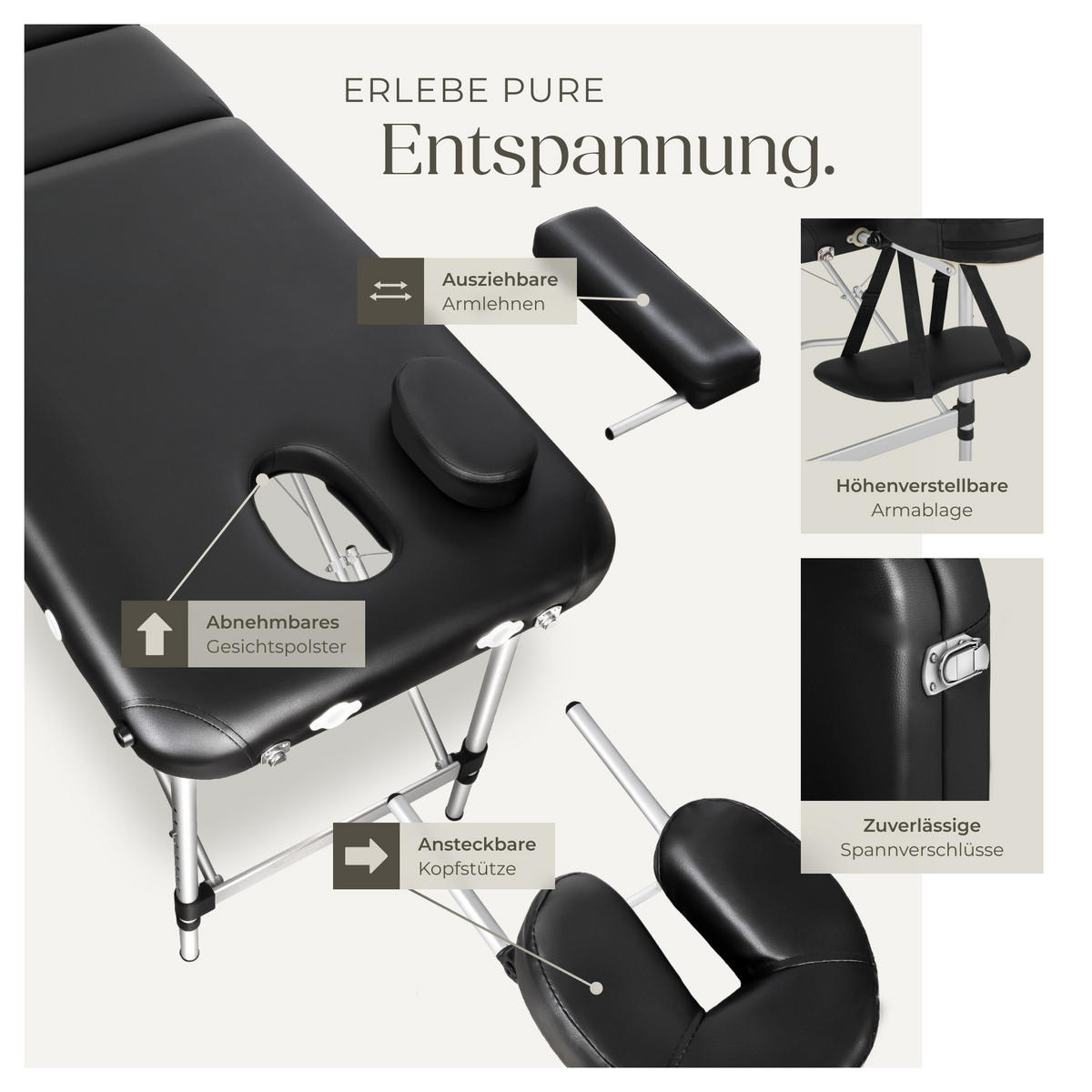 MASSAGELIEGE 2 Zonen, 210 x 95 x 89 cm,schwarz - Schwarz, Metall (60/89/205cm) - tectake