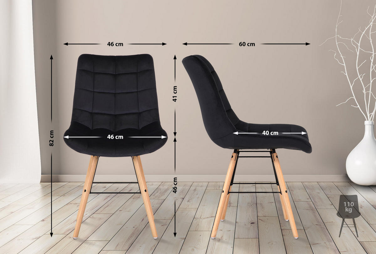 STUHL 2er Set Samt schwarz - Eukalyptusholzfarben/Schwarz, Holz/Textil (46/82/60cm) - CLP