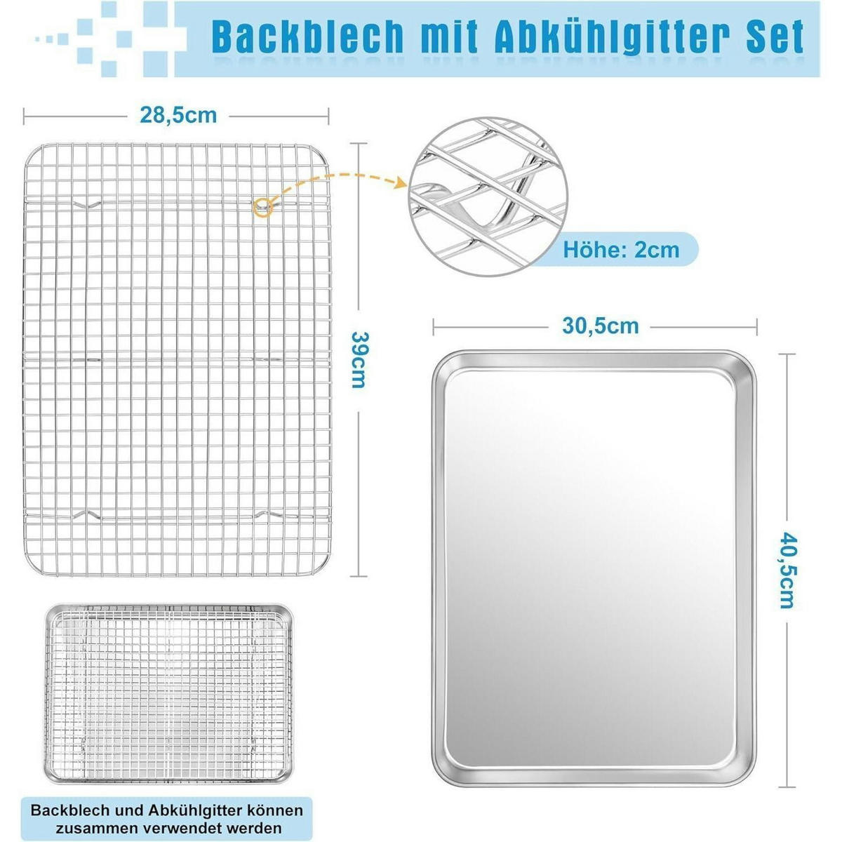 BACKBLECH mit Abkühlgitter 40,5 x 30,5 cm Set - Silberfarben, Metall (30.5/2.5/40.5cm)