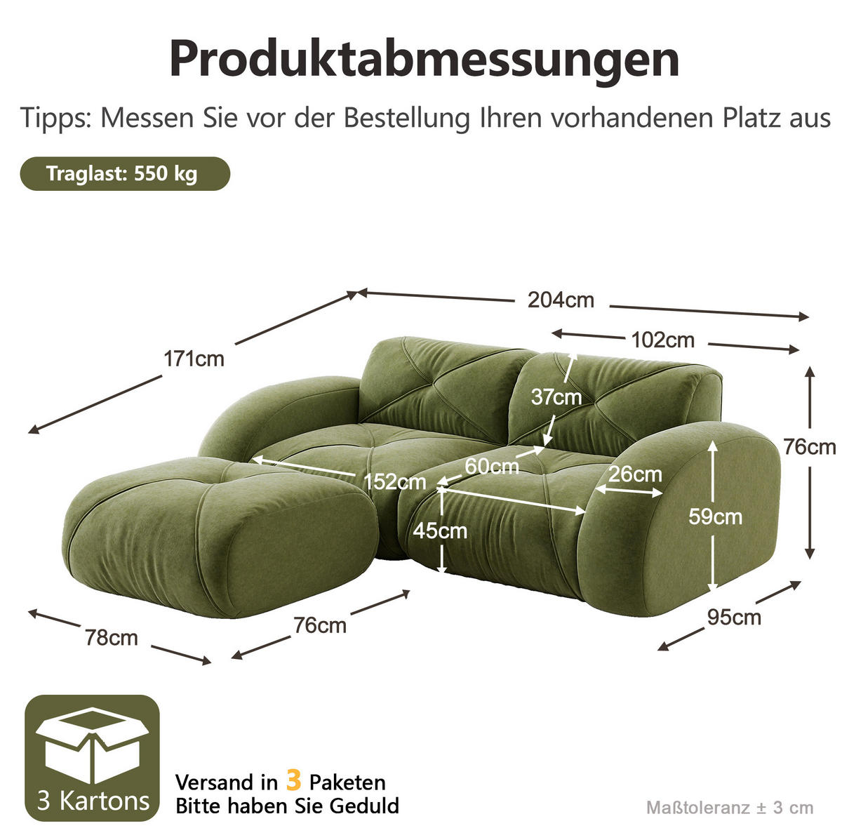 ECKSOFA 204/171/76 cm in Grün aus Chenille mit Hocker - Grün, Textil (171/204cm) - Flora Grace