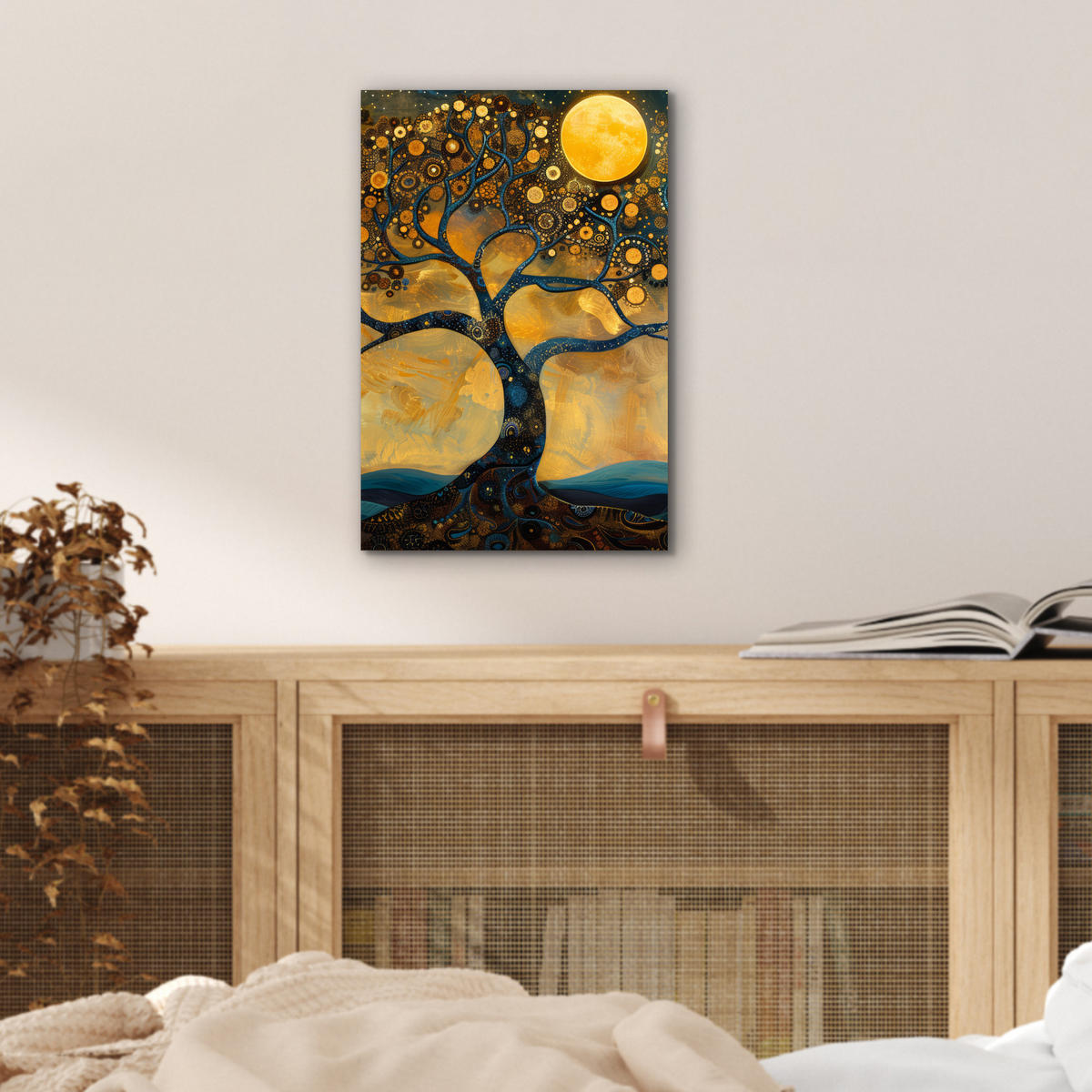 METALLBILD Baum - Mond - Blumen - Gold - Kunst 20x30 cm - Orange, Metall (20/30cm) - MuchoWow