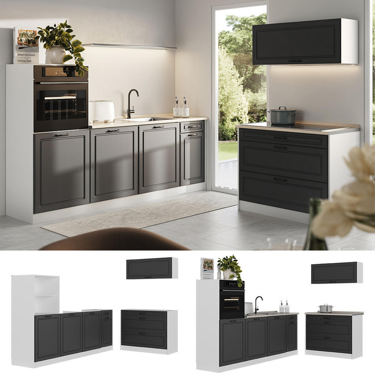 KÜCHENZEILE R-Line, Anthrazit Landhaus/Weiß, 220 cm Arbeitsplatte Anthrazit - Anthrazit/Weiß, Holzwerkstoff (220/143/60cm) - Vicco