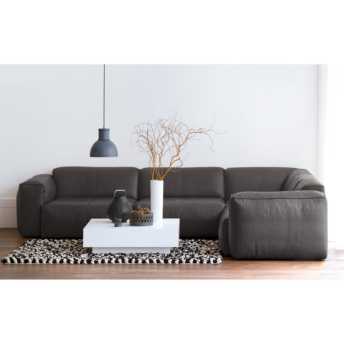 ECKSOFA mit Rundecke - Schwarz/Grau, Leder/Kunststoff (325/260cm) - home24