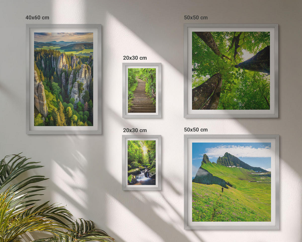 WANDBILDER 5er Set - 50x50 cm & 20x30 cm & 40x60 cm Silberner Rahmen - Grüne Berge Wasserfallwald - Silberfarben, Kunststoff (40/60cm) - ArtPrintCave