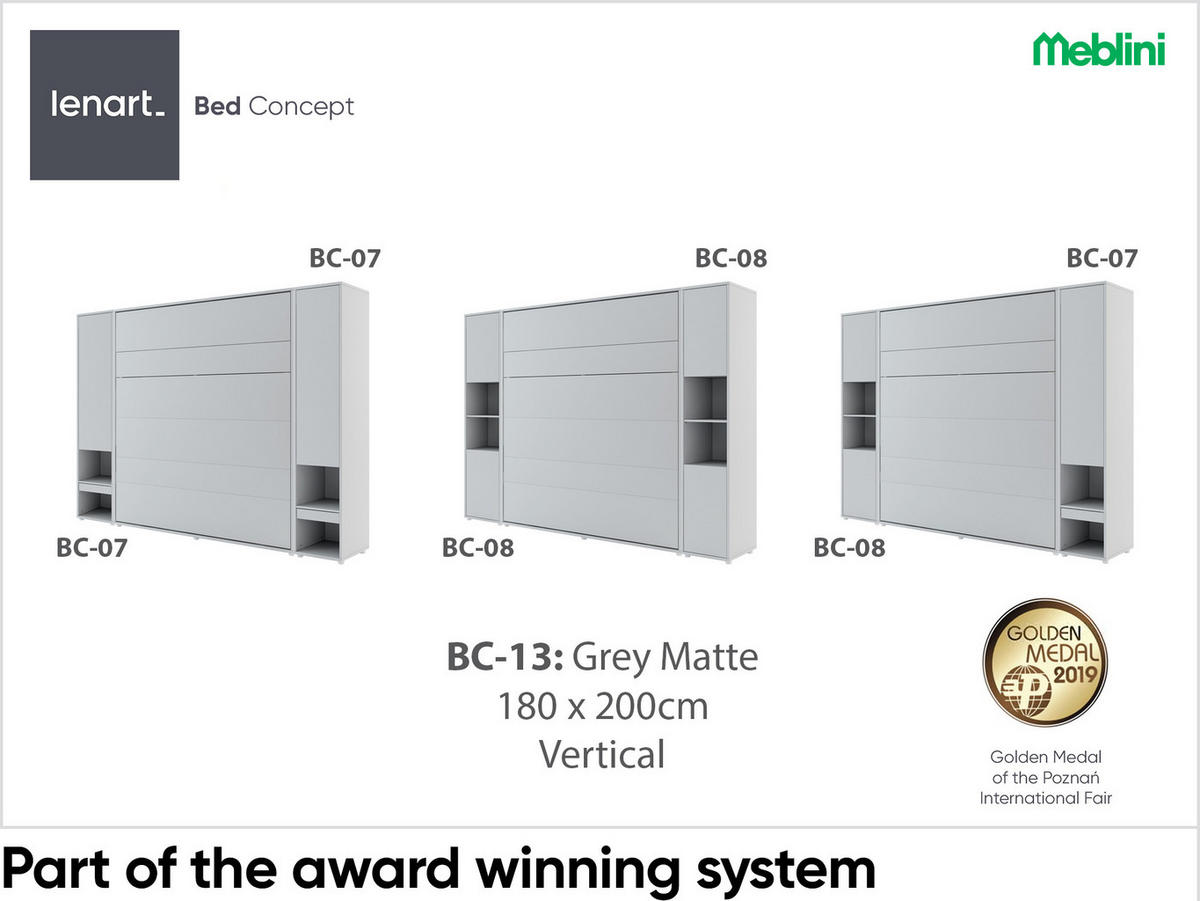 SCHRANKBETT BC-13 - 180x200cm Vertikal - Grau Matt - Grau, Holzwerkstoff (180/200cm) - Meblini