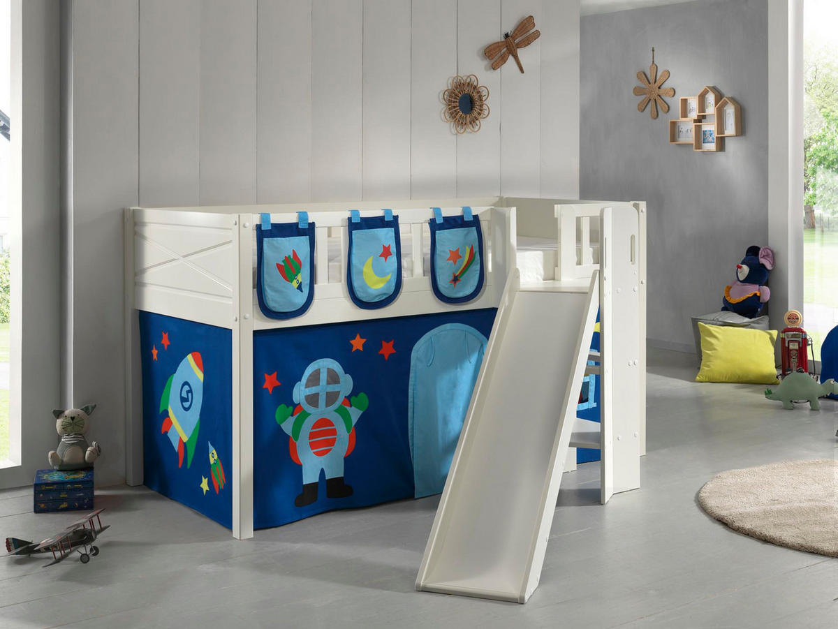 HOCHBETT mit Rutsche Karyl Massivholz Weiß Textilset Astro 3 - Blau/Weiß, Holz (90/200cm) - 58aufmkessel