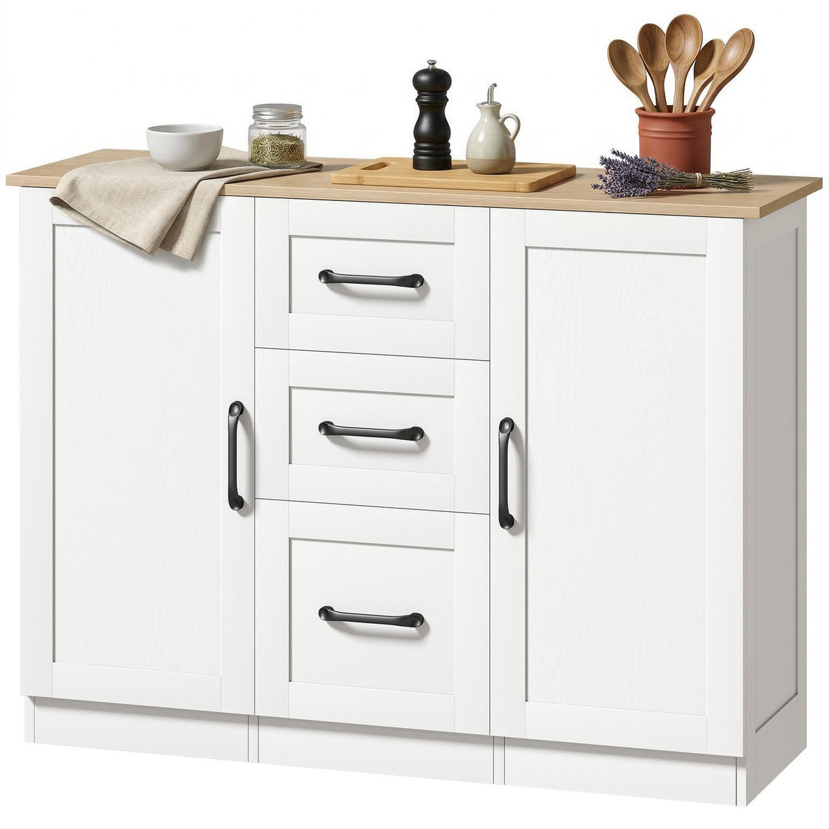 SIDEBOARD Weiß und Naturfarben, 2 Türen, 3 Schubladen, 110/35/80,4 cm - Weiß, Holz (110/80.4/35cm) - PANGIVO