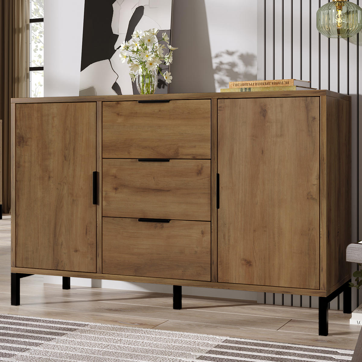 KOMODA tmavý dub, 2 dvířka, 3 zásuvky, do obývacího pokoje a ložnice, 120×40×76 cm - černá/barva dubu, kov/kompozitní dřevo (120/76/40cm) - STILVORA
