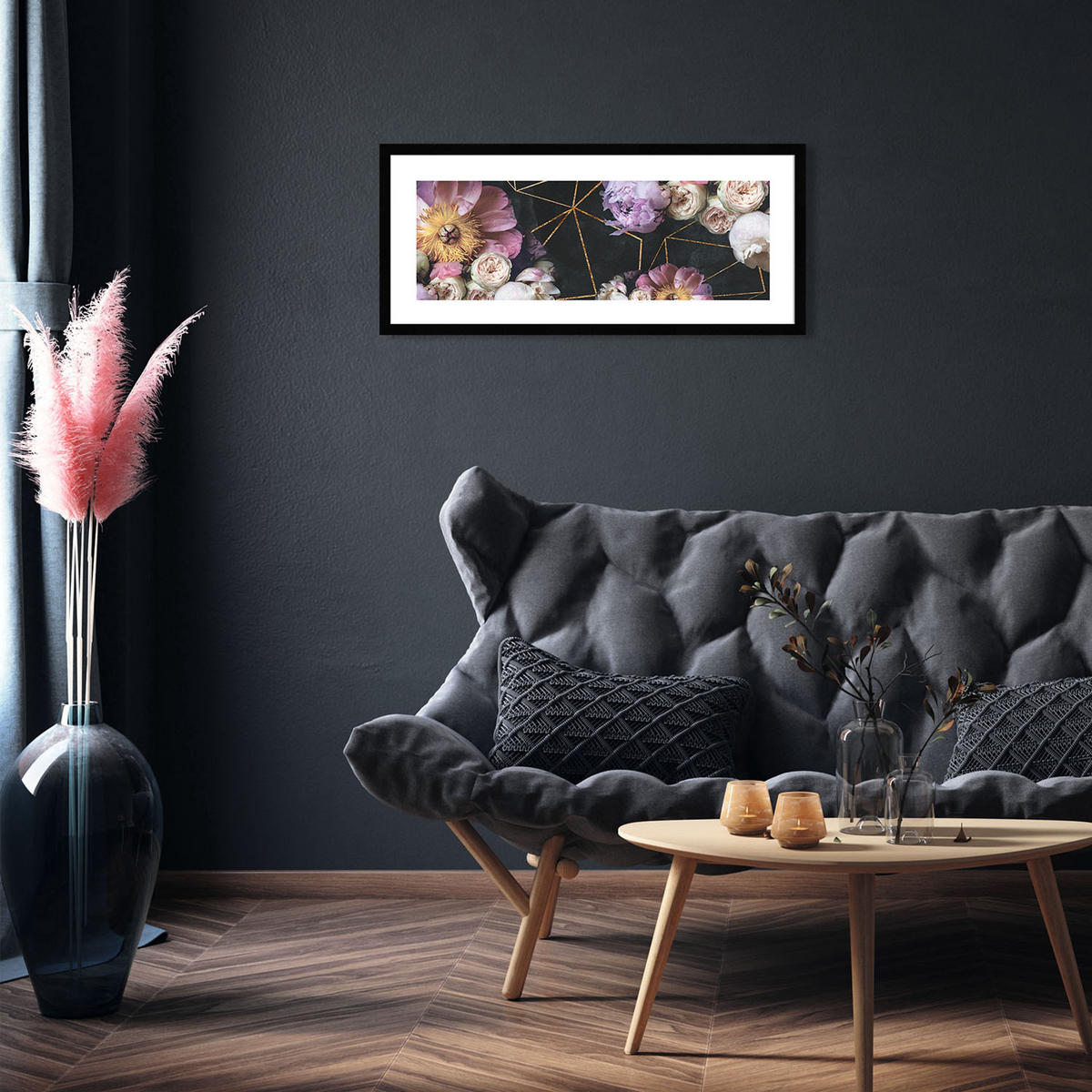 POSTER mit Rahmen 70x30 cm Blumen Gold schwarz - Goldfarben, Holz (71/30cm) - artissimo