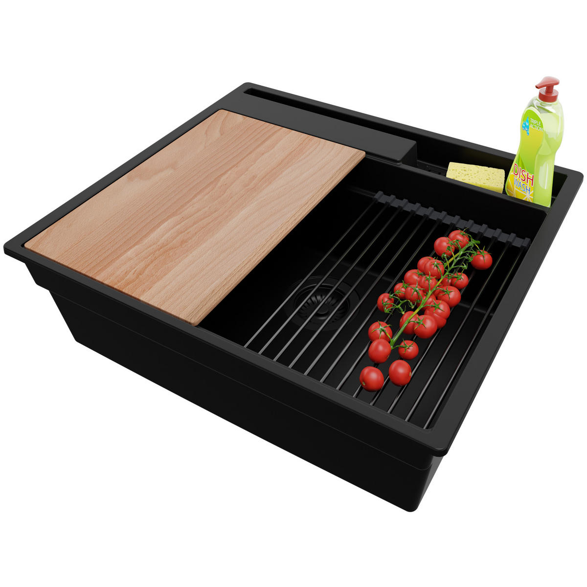 SPÜLBECKEN Oslo Pocket, 2-er set Alles Schwarz 58/53 cm 1 Becken + Ablauf-Set + Küchenzubehörset ab 60er Unterschrank - Beige/Schwarz, Kunststoff (58/20/53cm) - Primagran