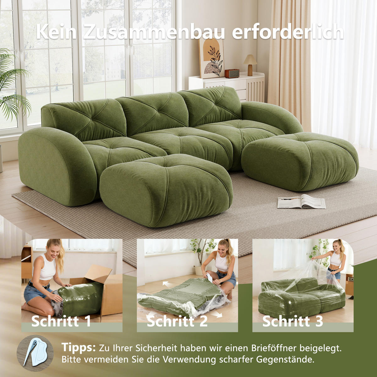 WOHNLANDSCHAFT Chenille Grün mit 2 Hocker - Grün, Textil (281/76/171cm) - WISHDOR