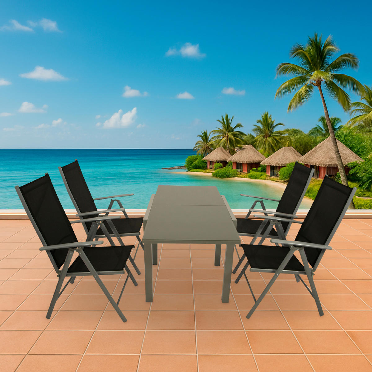 GARTEN-GARNITUR Ashford - 5-teilige Garten-Essgruppe (4x Klappsessel mit Aluminiumgestell grau, Bespannung Textilene schwarz - Schwarz, Metall - TPFGarden