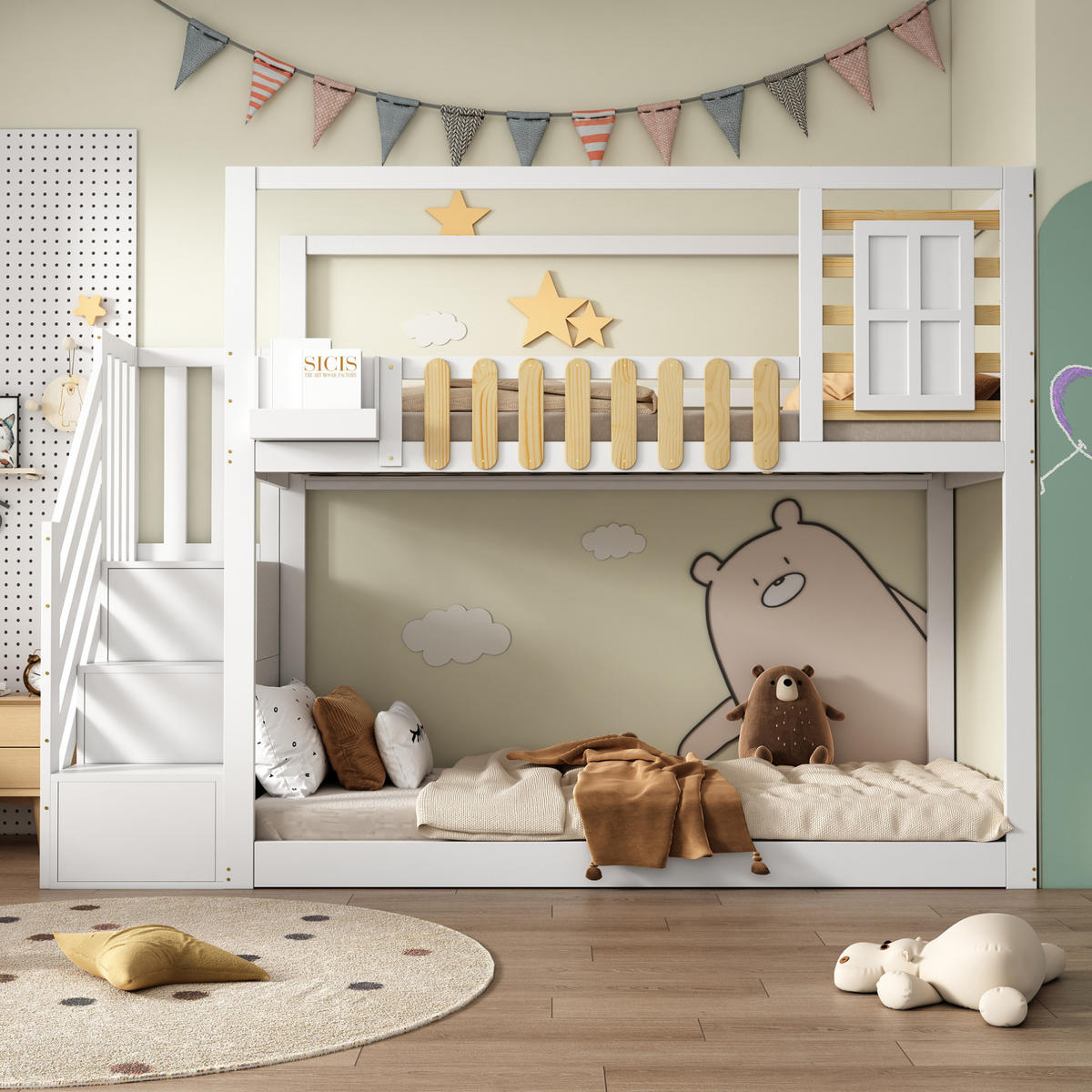 POSCHODOVÁ posteľ 90/200 cm biela/prírodná so schodmi a úložným priestorom z masívneho borovicového dreva a MDF - biela, kompozitné drevo (90/200cm) - OKWISH