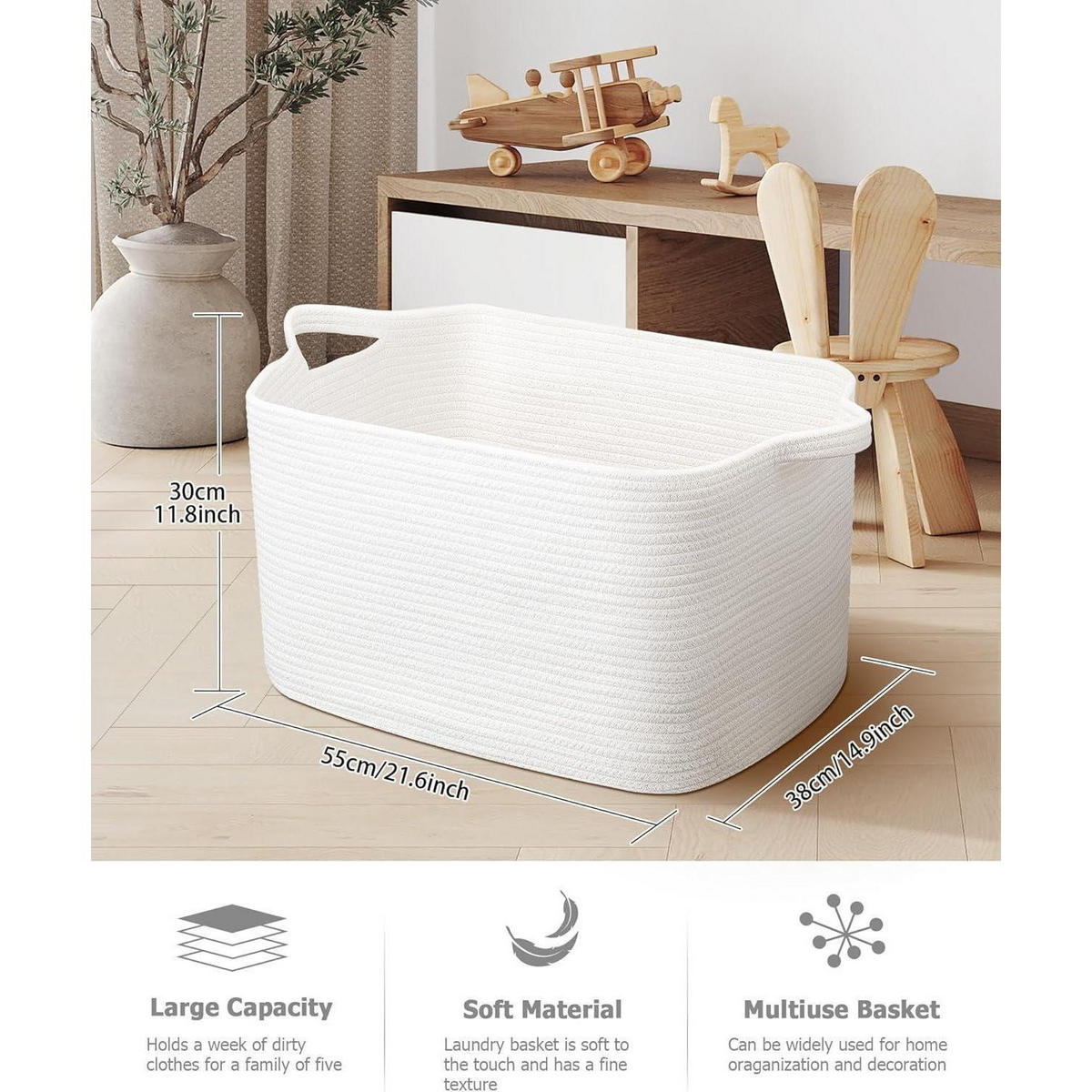 WÄSCHEKORB 2-teiliges Set Baumwolle Weiß 63L - Weiß, Textil (38/30/55cm)