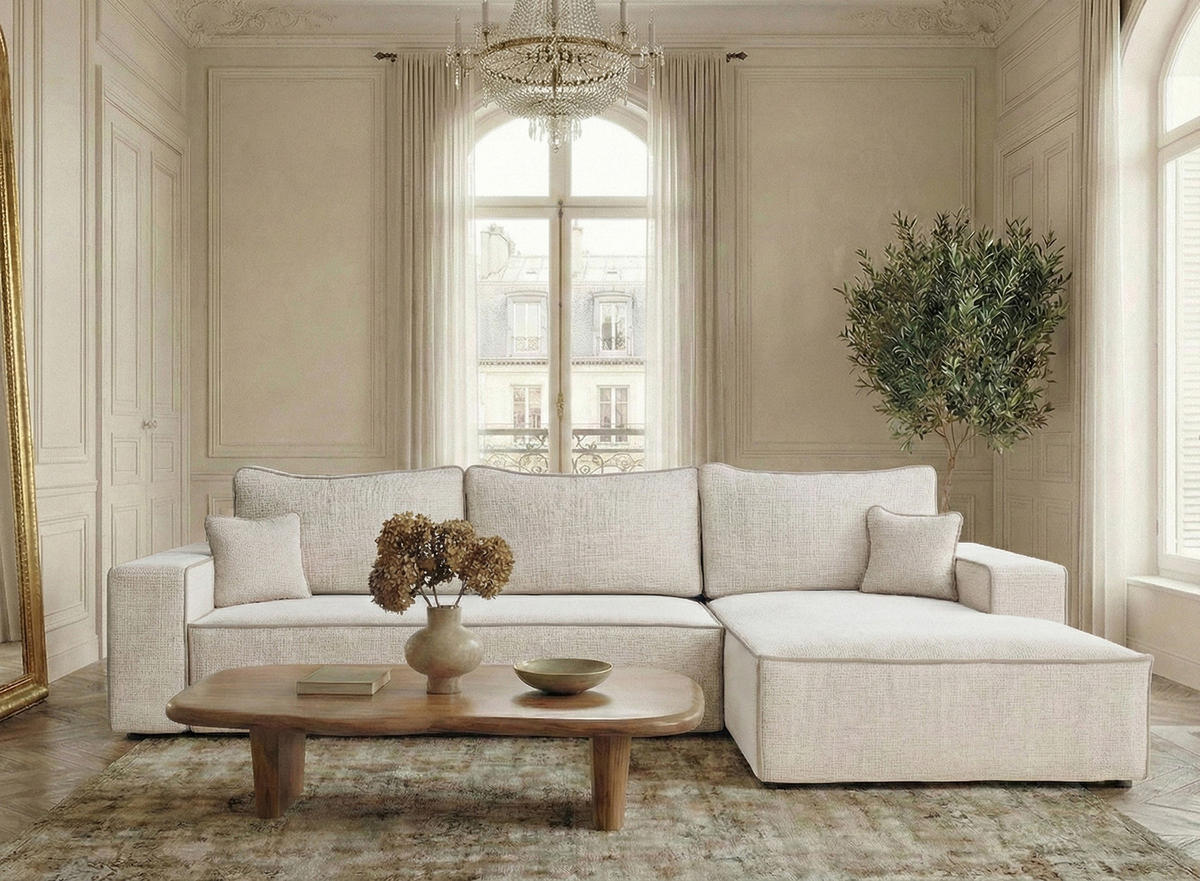 ECKSOFA MIT SCHLAFFUNKTION Modo Hellblau Chenille-Stoff - Rechts Seite - Beige/Creme, Holz/Holzwerkstoff (294/185cm) - Maison de Reve