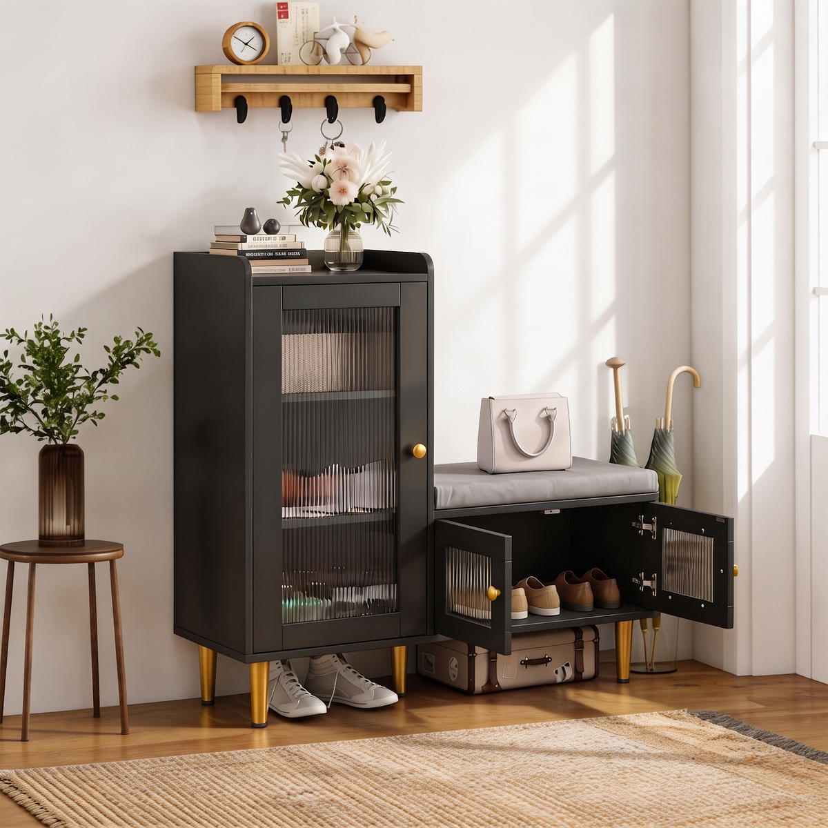 SCHUHSCHRANK mit Sitzbank, 3 Türen, verstellbare Einlegeböden, 100 x 35 x 90 cm, schwarz - Schwarz, Holz/Metall (35/90/100cm) - GENKI LIVING