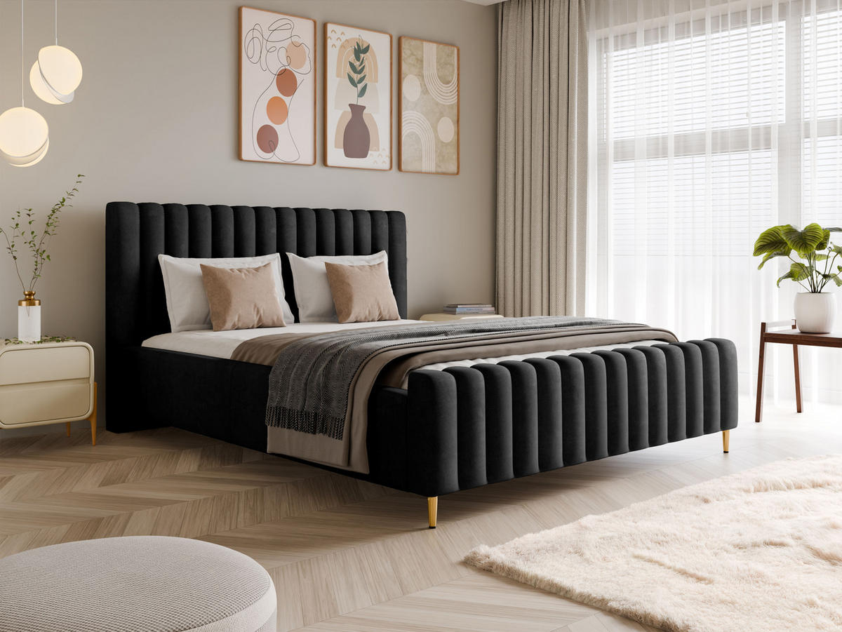 POLSTERBETT Lux Schwarz 120x200 cm mit Stauraum, Kopfteil, Lattenrost, Goldenen Füßen, Stoff Amon - Goldfarben/Schwarz, Holzwerkstoff/Kunststoff (120/200cm)