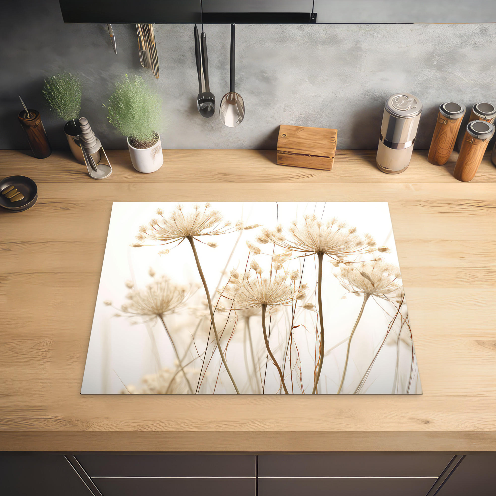 HERDABDECKPLATTE Blumen - Weiß - Sonnenlicht 65x52 cm - Ecru, Kunststoff (65/0.2/52cm) - MuchoWow
