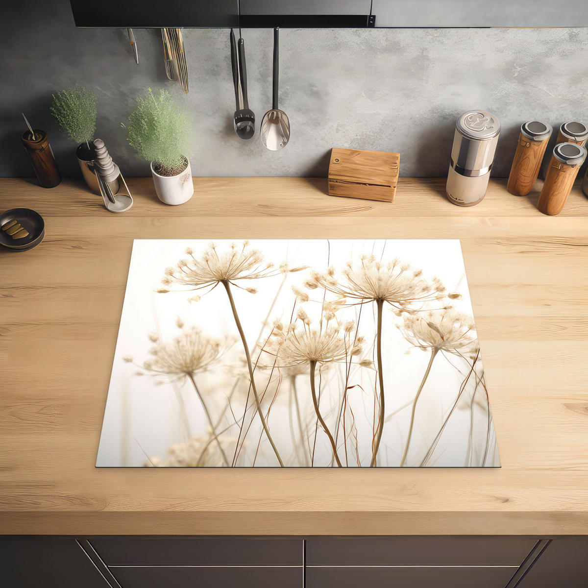 HERDABDECKPLATTE Blumen - Weiß - Sonnenlicht 65x52 cm - Ecru, Kunststoff (65/0.2/52cm) - MuchoWow