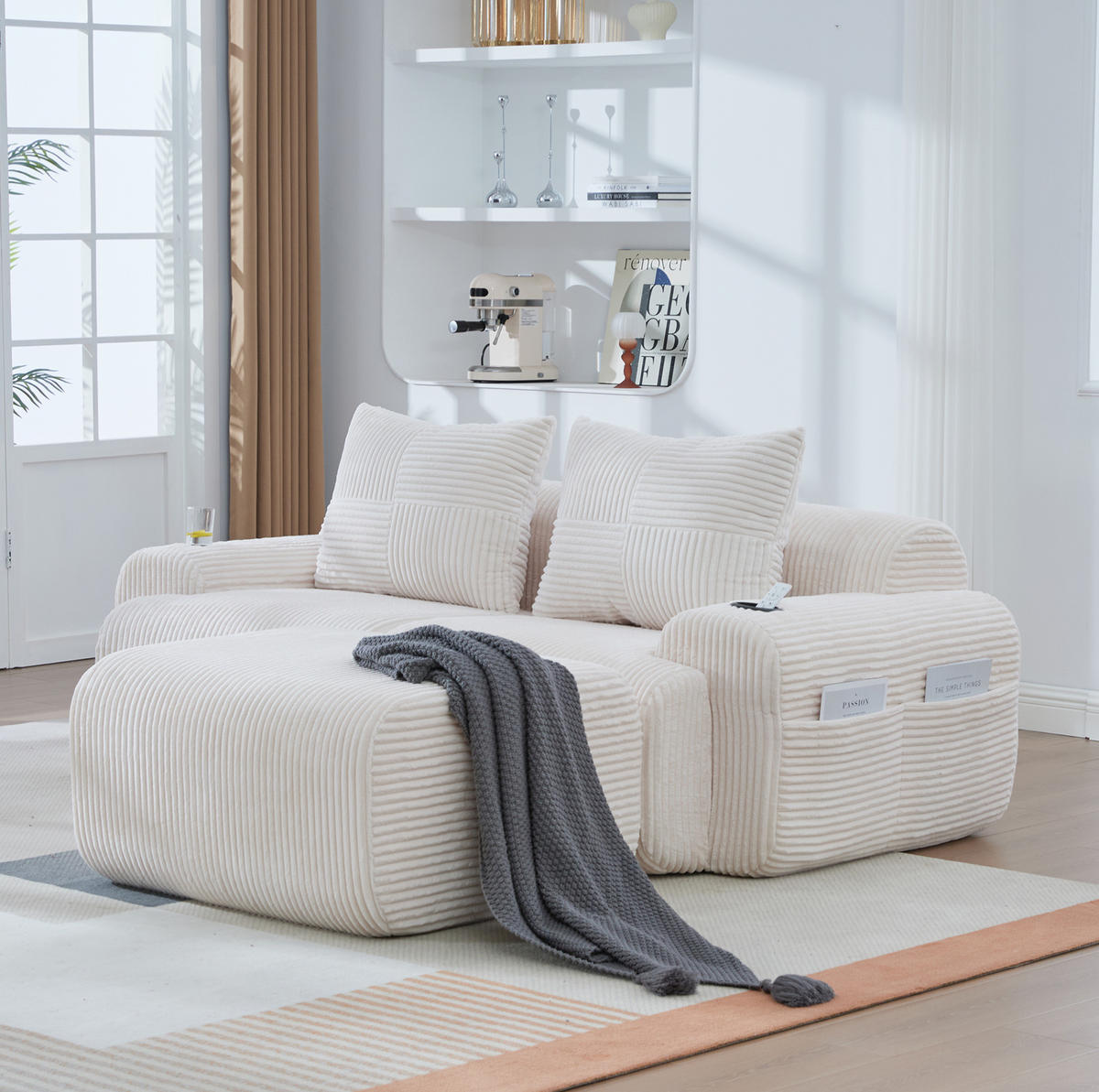 MODULARES 2-Sitzer Sofa Cord mit Getränkehalter und Seitentasche 200/174/80 cm Beige - Beige, Textil (174/200cm) - Redom