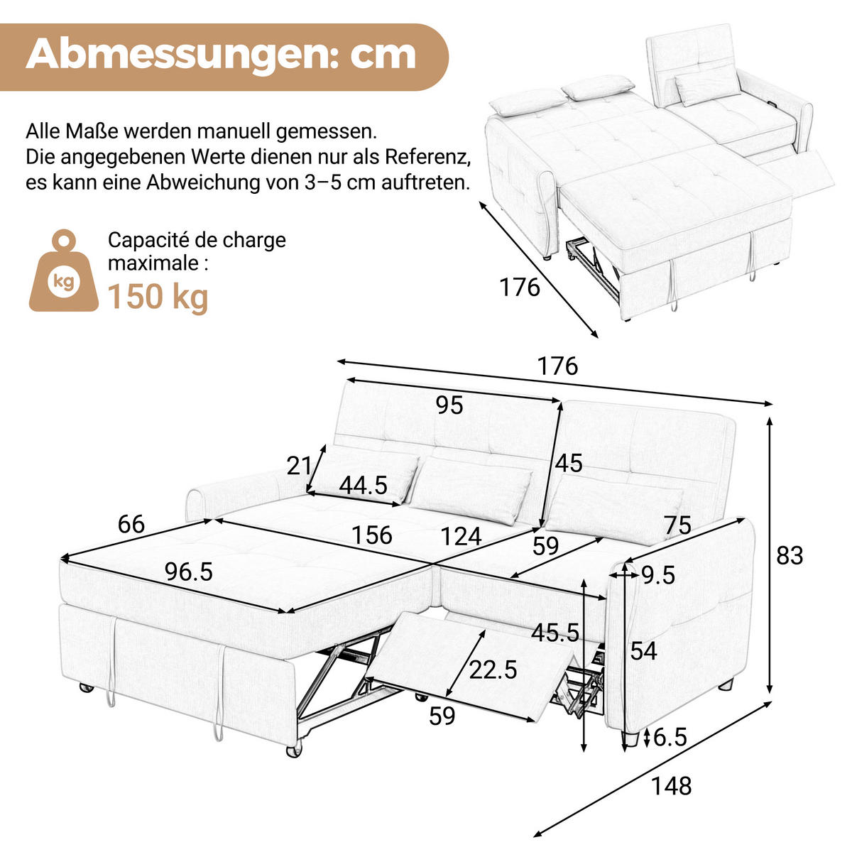 SCHLAFSOFA 3-Sitzer 3-in-1 ausziehbar Chenille, DE-42933, Braun - Braun, Metall (176/83/148cm) - ComfortXL