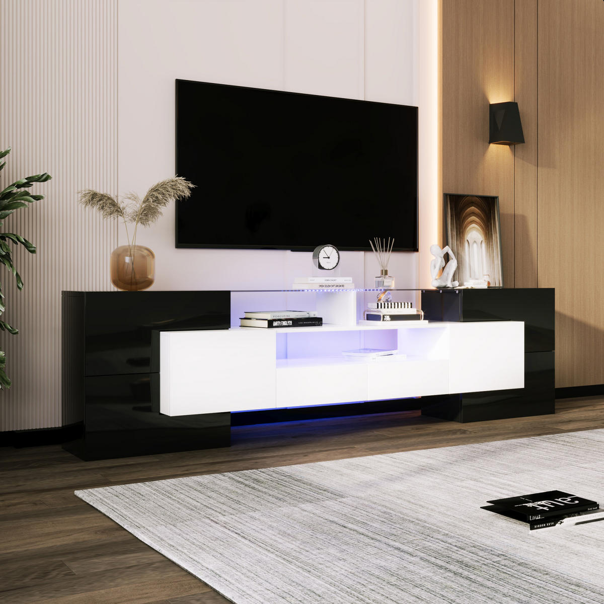 TV Lowboard LED 200 cm, Glasoberfläche, Schwarz - Schwarz, Holz (200/60/30cm)
