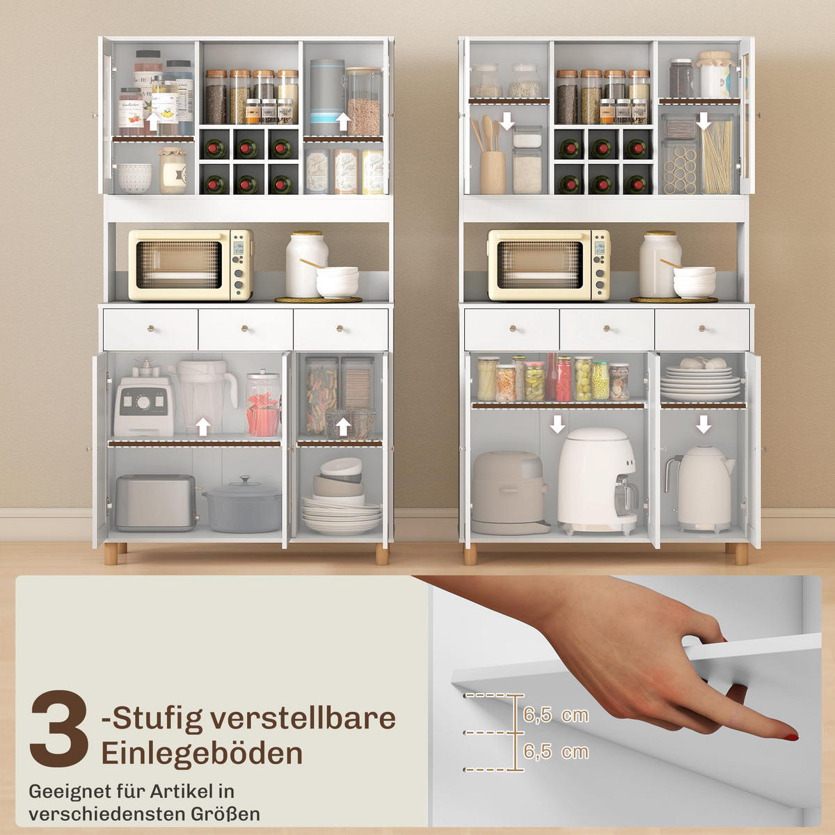 KÜCHENSCHRANK, Buffetschrank mit verstellbaren Regalen, 4 Türen, Schublade - Silberfarben/Weiß, Holzwerkstoff/Metall (40/180/100cm) - HOMCOM