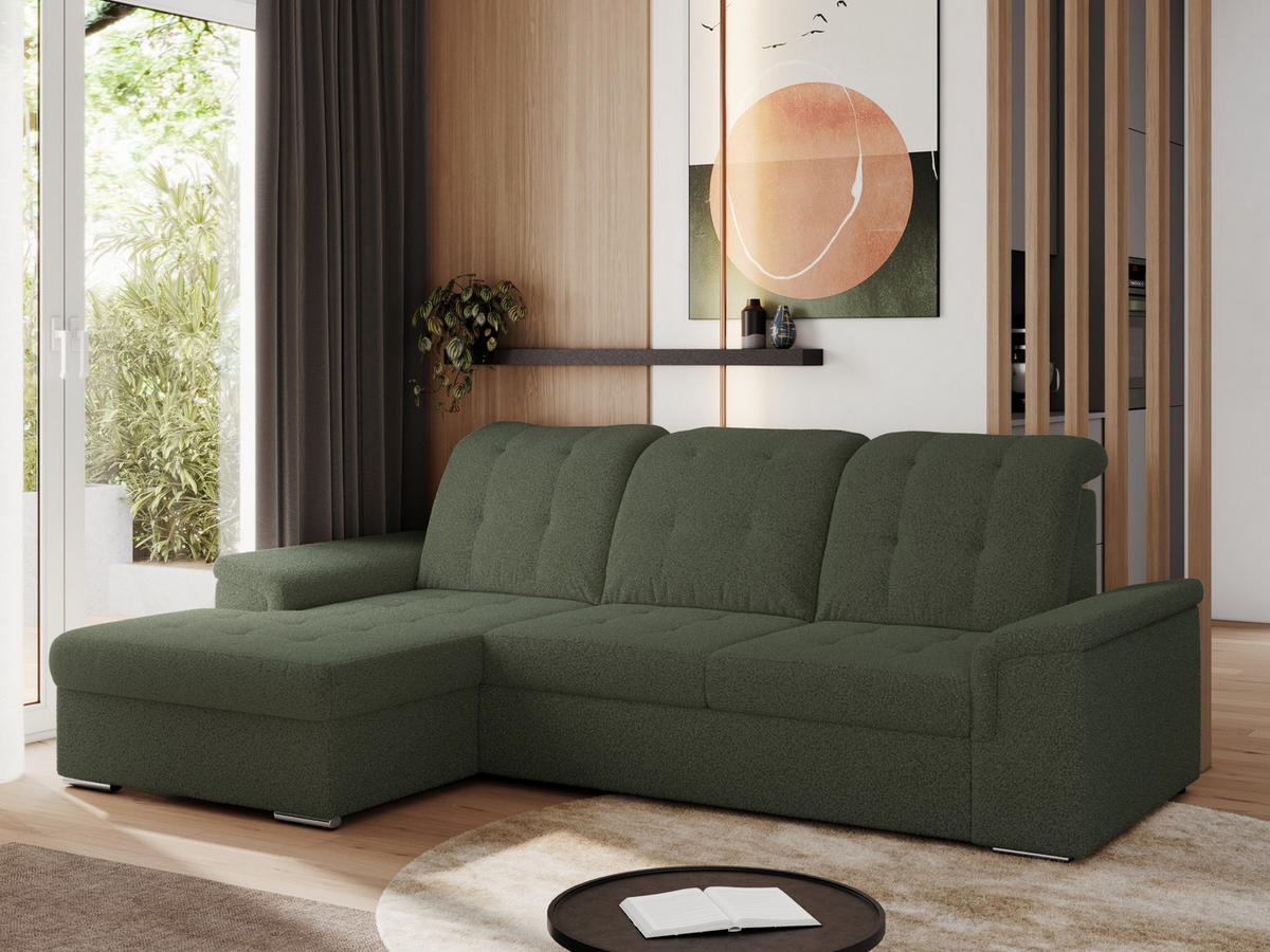 ECKSOFA MADRITO L - Grün Boucle - Links - Silberfarben/Grün, Textil/Metall (160/256cm)