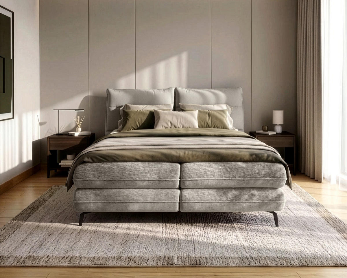 BOXBETT Verse 180 x 200 Einzelbett mit hochwertiger Bonell-Matratze und Topper VISCO - Warmesgrau - Greige, Holz (180/200cm) - Homesy