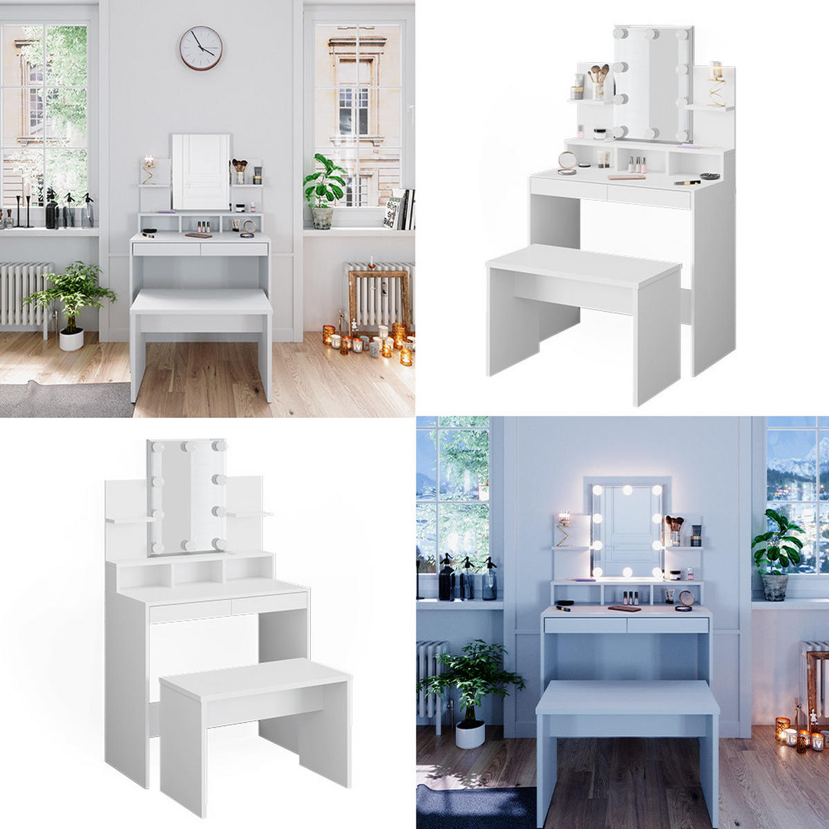SCHMINKTISCH Ania Weiß 80 cm mit LED Beleuchtung und Bank - Weiß, Holzwerkstoff (80/139.6/40cm) - Vicco