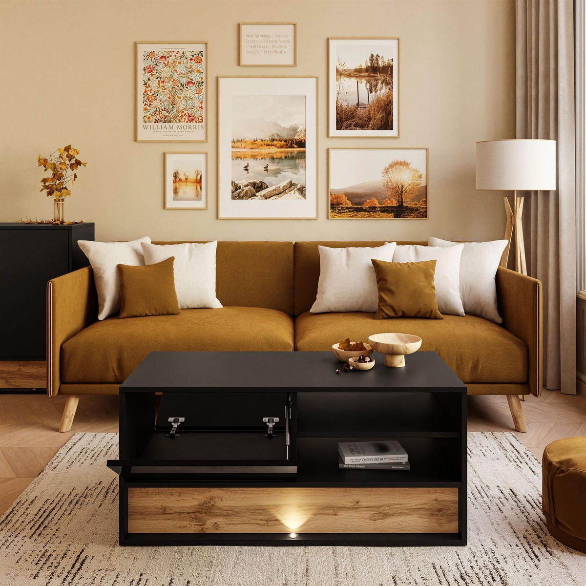 COUCHTISCH VILLA mit Wotan Eicheneinlage - Eiche Wotan/Schwarz, Holzwerkstoff (45/100/46cm) - Lookway