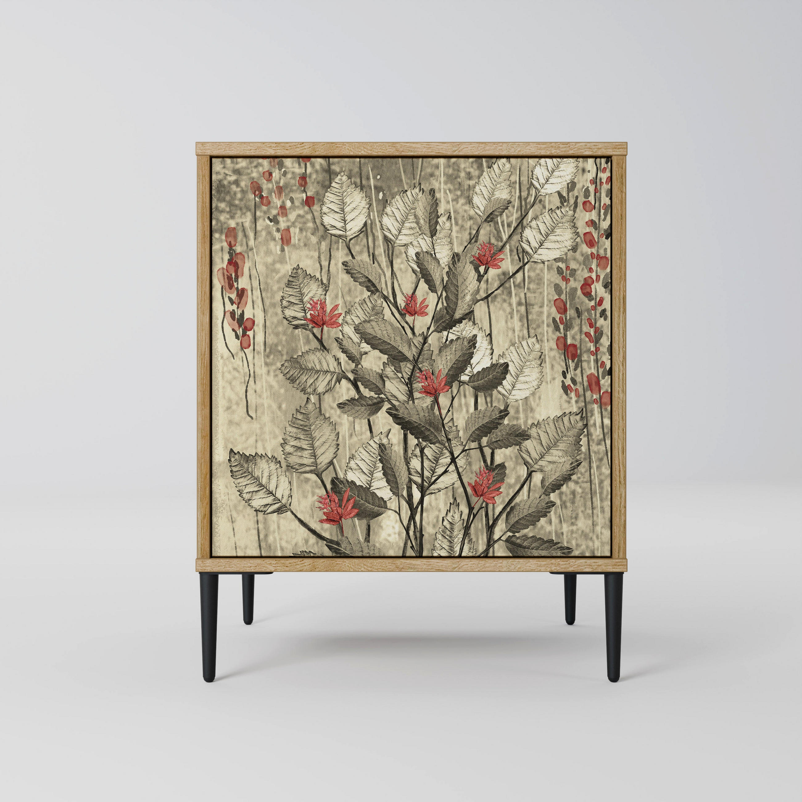 SIDEBOARD HERBAL GRACE, Eichefarben, 57,5x42x72,5 cm, Schwarze Metallfüße - Eichefarben/Multicolor, Holzwerkstoff/Metall (57.5/72.5/42cm) - SpaceRebels
