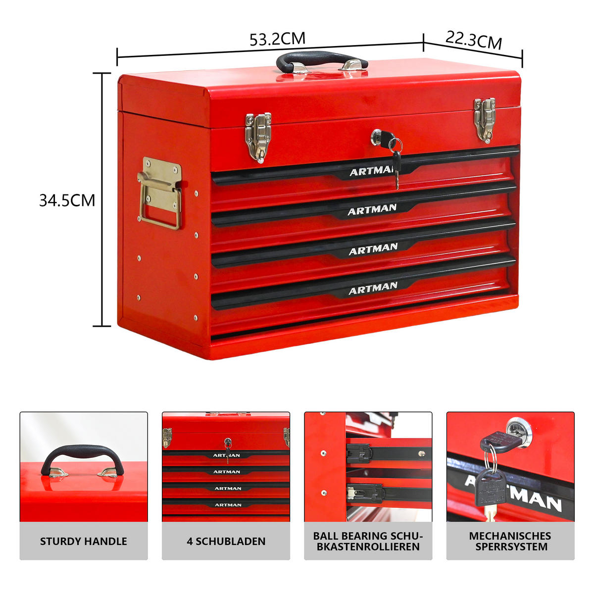 WERKZEUGKISTE 20 Zoll mit 3 Schubladen, pulverbeschichteter Stahl, Rot - Rot, Metall (22.3/34.5/53.2cm) - Novahome