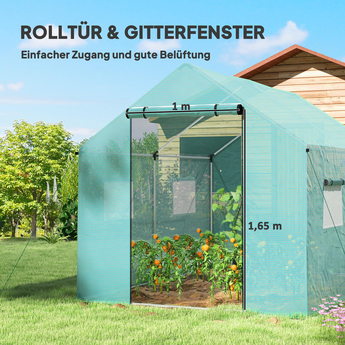 FOLIENGEWÄCHSHAUS, 2 x 3 x 2 m Gewächshaus, Treibhaus mit Rollfenster, Rolltür - Grün, Metall (300/200/200cm) - Outsunny