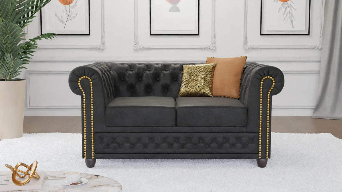 SITZGARNITUR 3+2+1 Chesterfield Flux Anthrazit Microfaser Vintageoptik - Anthrazit/Braun, Holz/Textil (203/72/86cm) - S-Style Möbel