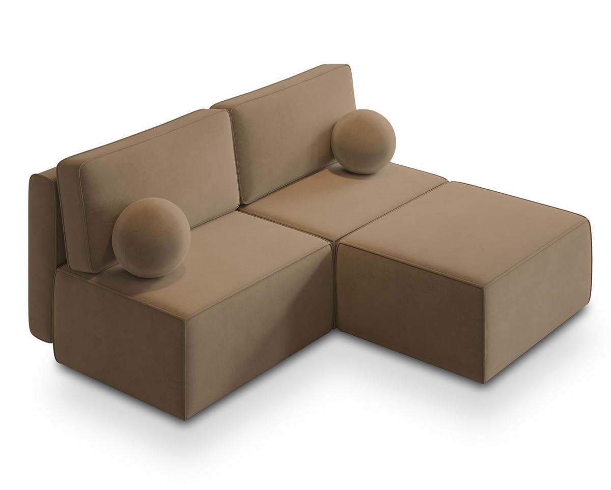 ECKSOFA VARNA M Beige Velours-Stoff mit Schlaffunktion - Beige, Holz (196/158cm) - MASSENO