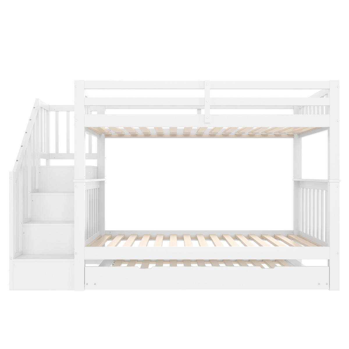 ETAGENBETT 90/200 cm in Weiß mit Treppenregal und ausziehbarem Rollbett - Weiß, Holzwerkstoff (90/200cm) - BEAOK